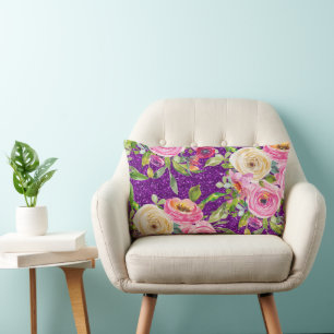 Cojín Lumbar Rosas acuarelas en Purpurina rosa y morado crema