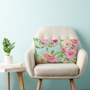 Cojín Lumbar Rosas acuarelas en rosa y crema en amarillo