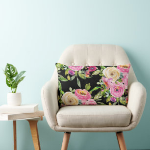 Cojín Lumbar Rosas acuarelas en rosa y crema en negro