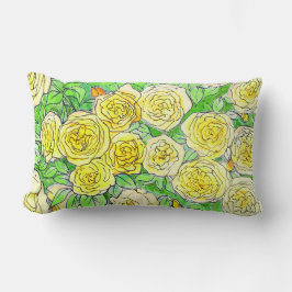 Cojín Lumbar Rosas amarillas, hojas verdes Subió arte floral en