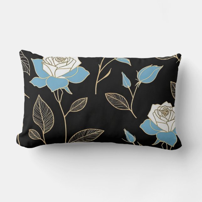 Cojín Lumbar Rosas azules y blancas con guarnecido dorado (Anverso)