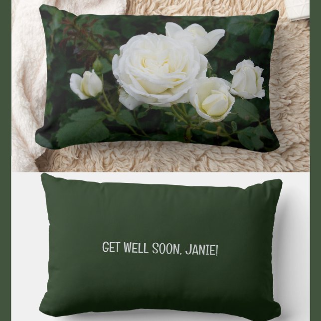 Cojín Lumbar Rosas de Amigo de Coworker personalizados se recup (Modern, elegant Get Well Soon personalized name accent pillow coworker. Photo of cream white roses)