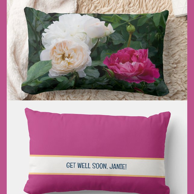 Cojín Lumbar Rosas de Amigo de Coworker personalizados se recup (Modern, elegant Get Well Soon personalized name accent pillow. Photo of cream & streaked pink roses)