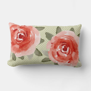 Cojín Lumbar Rosas de col roja en blanco y blanco con puntos de