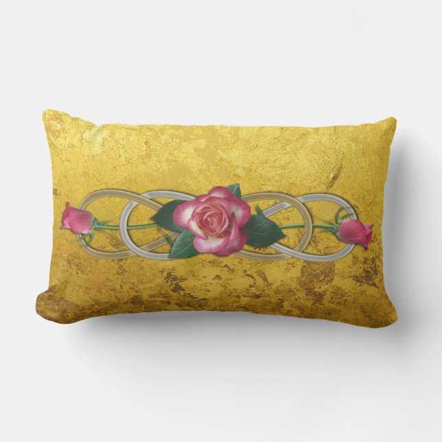 Cojín Lumbar Rosas dorados de doble infinito plateado + hoja de (Anverso)