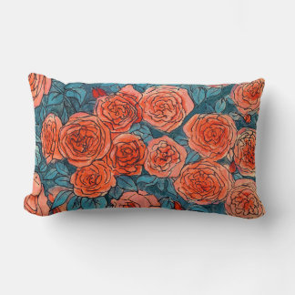 Cojín Lumbar Rosas rojas, hojas azules Subió flores de verano e