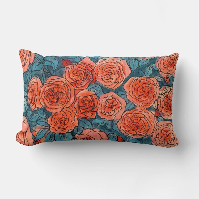 Cojín Lumbar Rosas rojas, hojas azules Subió flores de verano e (Anverso)