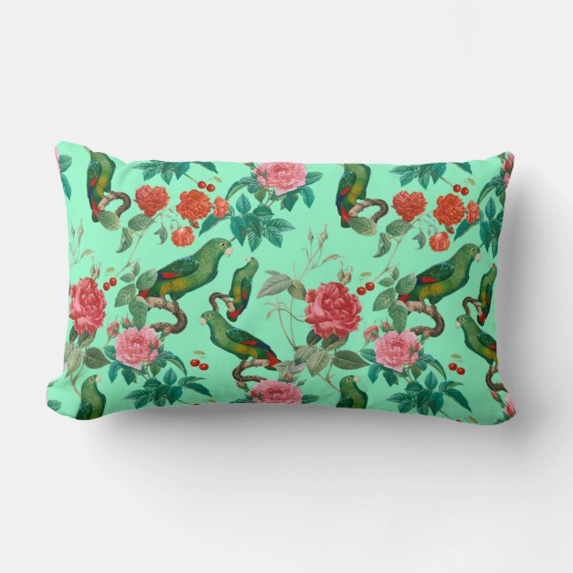 Cojín Lumbar Rosas Rojas Y Rosa Con Patrón De Loro (Anverso)
