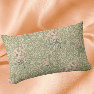 Cojín Lumbar Rosas rosadas vintage descoloridas sobre tela verd