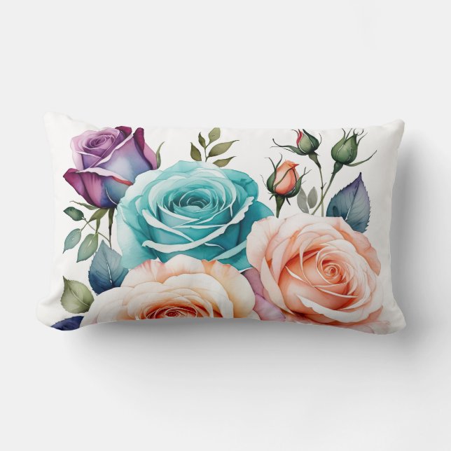 Cojín Lumbar Rosas rosados, azules y morados (Anverso)