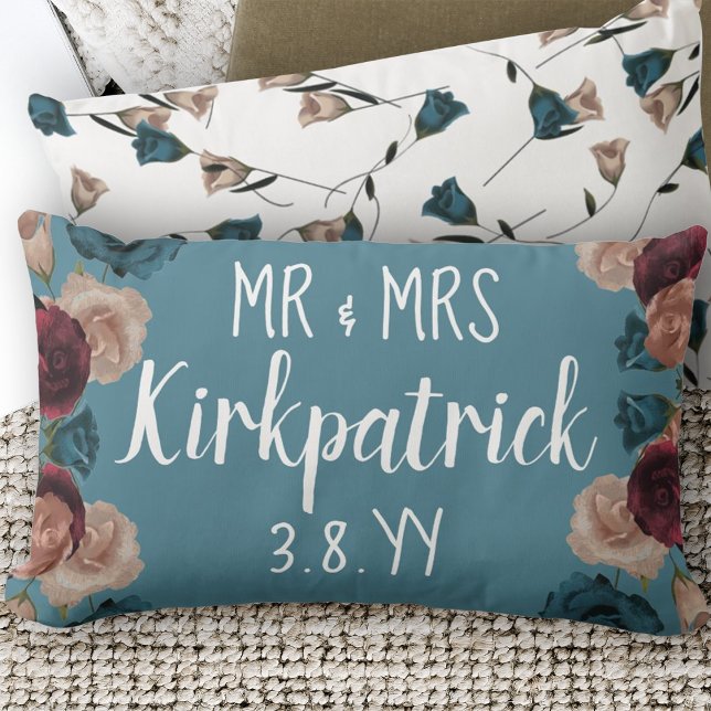 Cojín Lumbar Rosas verde azulados verdes, beiges, Bodas de Borg (Teal Flowers Burgundy Roses Beige Botanical Throw Pillow for Newlywed Couple Names Bride Groom)