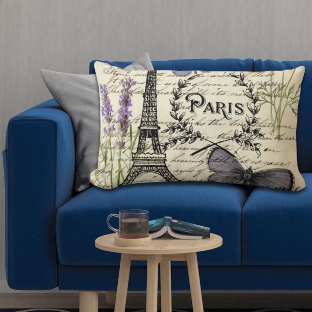 Cojín Lumbar rural francés scripts de campo paris eiffel tower (rustic french country scripts paris eiffel tower lumbar pillow)