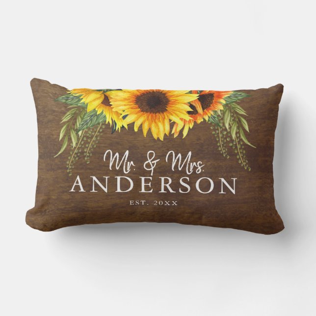 Cojín Lumbar Rustic Sunflowers Newlyweds Mr. y Mrs. (Anverso)