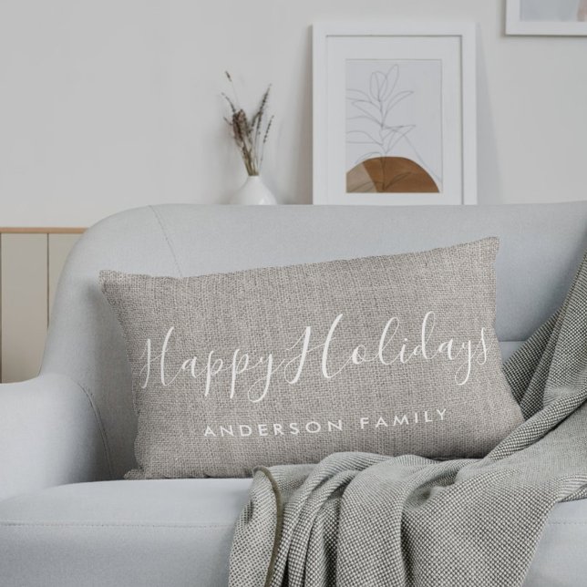 Cojín Lumbar Rústico Burlap Happy Holidays Family Name (Subido por el creador)