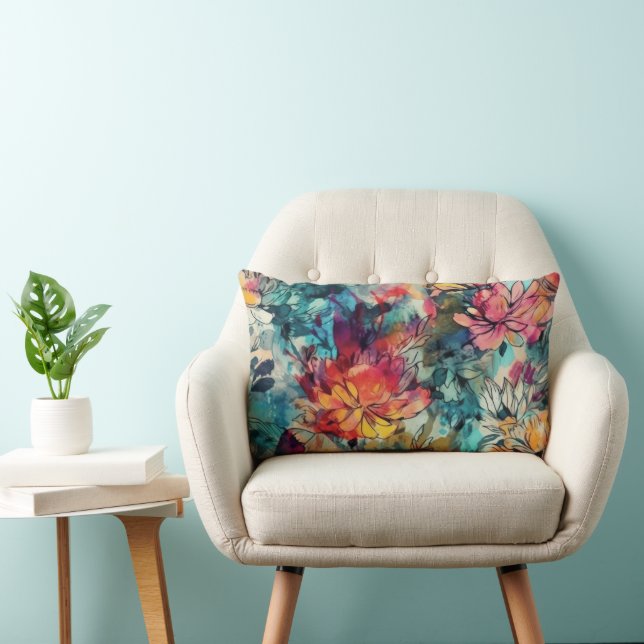 Cojín Lumbar Salpicadura de acuarela y floral de tinta (Silla)