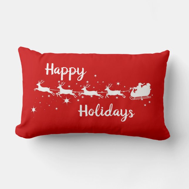 Cojín Lumbar Santa Sleigh Reindeer Feliz Navidad Vacaciones Red (Anverso)