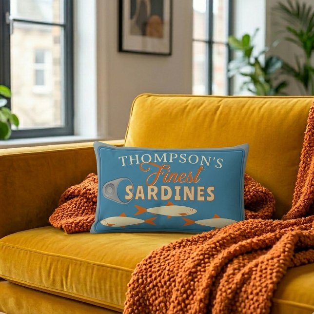 Cojín Lumbar Sardinas enlatadas Personalizadas (Fun Personalized Sardines Tinned Fish Lumbar Pillow adds a pop of color and retro style to your sofa)