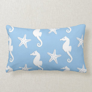Cojín Lumbar Seahorse y estrellas de mar - blanco en azul claro