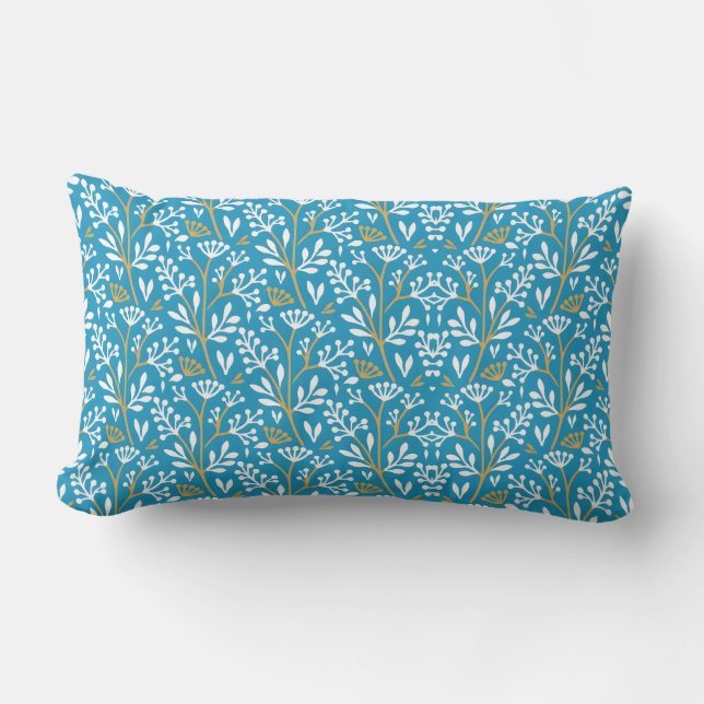 Cojín Lumbar Seamless Floral Pattern: White and Gold on Blue (Anverso)