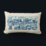 Cojín Lumbar Shore Thing | Retro Blue Ocean Waves Surf Graphic<br><div class="desc">"Shore Thing" channels vintage surf shop vibes with coastal blues and crashing waves filling the retro block letters. This white sand graphic throw pillow will add ocean energy to your coastal decor. | Matching throw blanket available in store.</div>