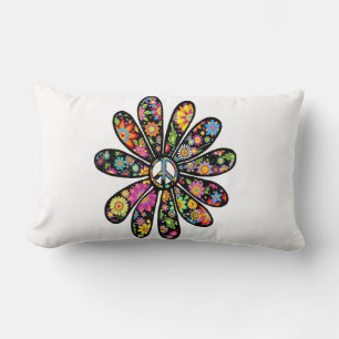 Cojín Lumbar Signo de paz de hippie trippy de fuerza de flores