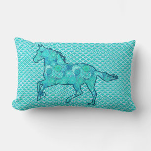 Cojín Lumbar Silhouette de caballo en marcha, turquesa y aqua