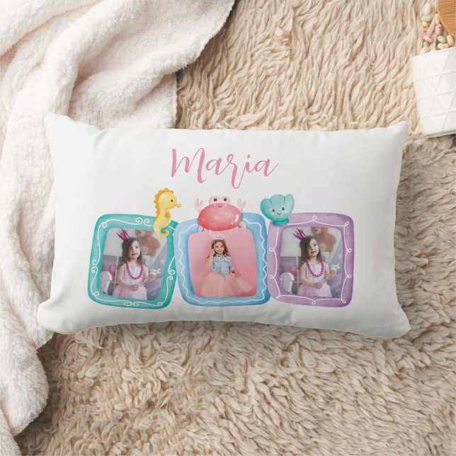 Cojín Lumbar Sirena 3 Collage de fotos Nombre del niño (Manta)