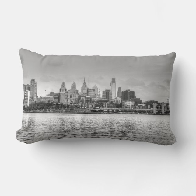 Cojín Lumbar Skyline Filadelfia en blanco y negro (Anverso)
