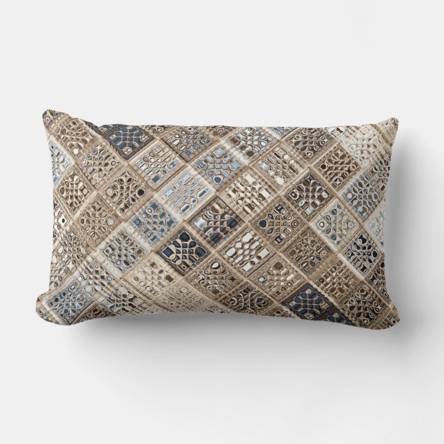 Cojín Lumbar Slate Blue Brown Sari Mosaic Pattern Art (Anverso)