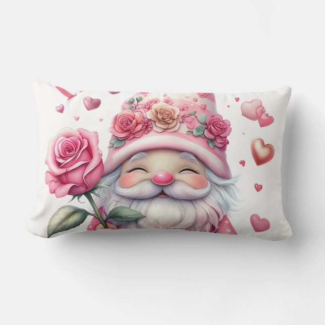 Cojín Lumbar Smiling Gnome Holding a Pink Rose  (Anverso)