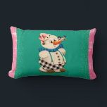Cojín Lumbar Snowman Vintage Christmas<br><div class="desc">Este muñeco de nieve vintage está adornado con un gorra rosa y una bufanda azul para el tiempo frío. Su verde azulado fondo verde está bordeado de purpurina y luego enmarcado con las mellizas rosas. Esto es perfecto para un recolector de muñecas de nieve, fanático de la Navidad vintage o...</div>