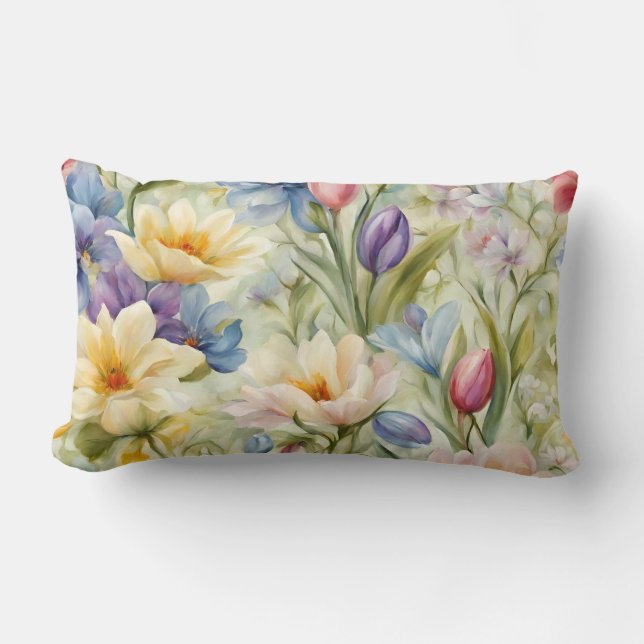 Cojín Lumbar Sofisticadas Flores De Primavera Pastel. Pintura (Anverso)