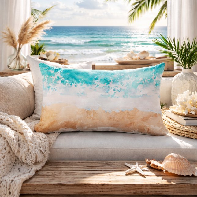 Cojín Lumbar Soft Gradient Coastal Sandy Beach Teal Ocean Waves (soft gradient sandy beach waves lumbar pillow)