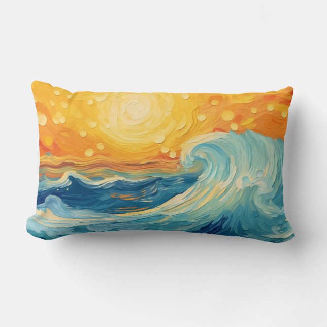 Cojín Lumbar Sol y olas de pintura de aceite costero (Anverso)