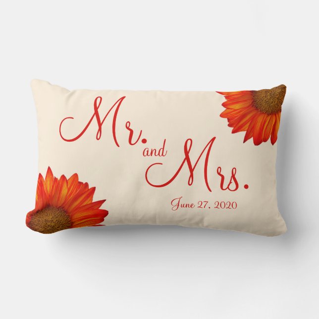 Cojín Lumbar Sr. y Sra. Beige Fall Wedding Pillows Sunflower (Anverso)