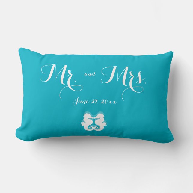 Cojín Lumbar Sr. y Sra. Blue White Seahorse Boda Pillows (Anverso)