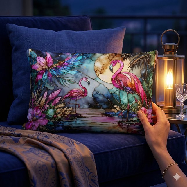 Cojín Lumbar Stained Glass Flamingo Moon Garden (Stained Glass Flamingo Moon Garden Lumbar Pillow Mockup A)