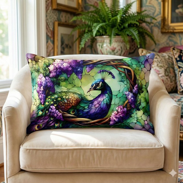 Cojín Lumbar Stained Glass Peacock Floral Wreath Art (Stained Glass Peacock Floral Wreath Art Lumbar Pillow Mockup A)