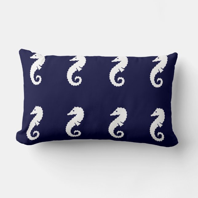 Cojín Lumbar Su Personalizado SEAHORSE WHITE en NAVY BLUE PILLO (Anverso)