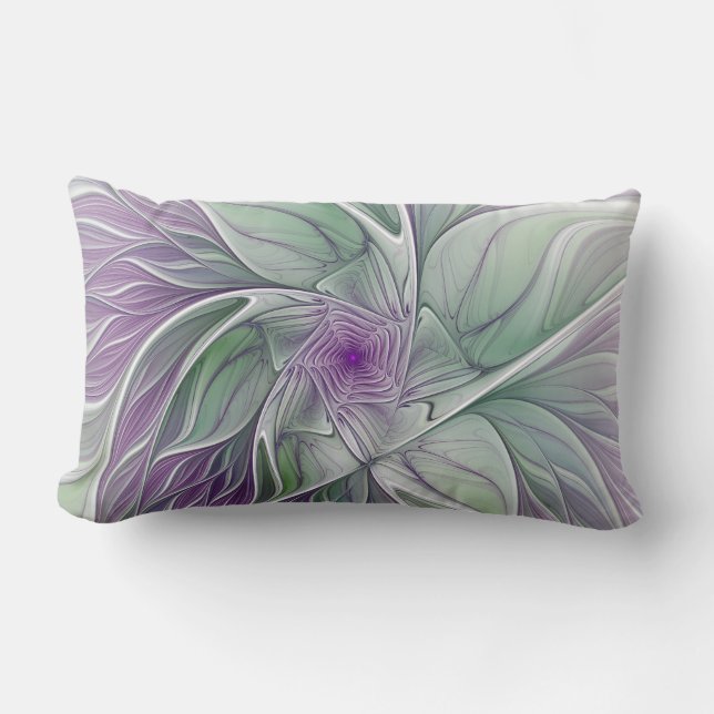 Cojín Lumbar Sueño de flores, abstracto arte fractal verde púrp (Anverso)