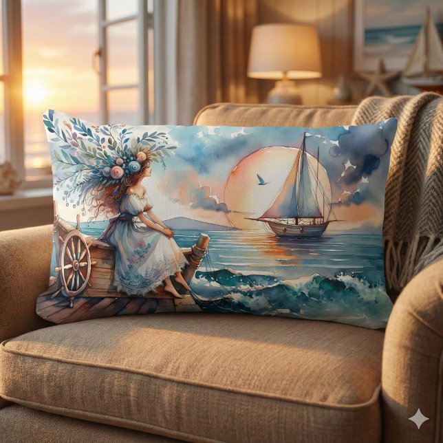 Cojín Lumbar Susurros del Mar al Atardecer (Whispers of the Sea at Sunset Lumbar Pillow Mockup A)