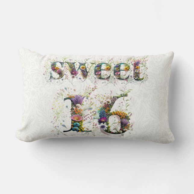 Cojín Lumbar Sweet 16 Happy Birthday Wildflowers Text (Anverso)