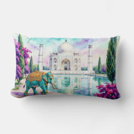 Cojín Lumbar Taj Mahal y acuarela de elefante