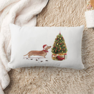 Cojín Lumbar Tan Dachshund graciosos Navidades perro con árbol