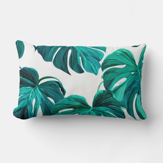 Cojín Lumbar Teal Tropical Monstera Leaf Seamless Pattern Art (Anverso)