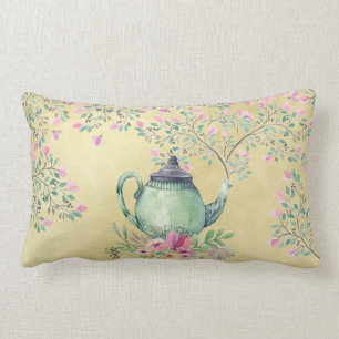 Cojín Lumbar Tetera de la acuarela y oro elegantes de las