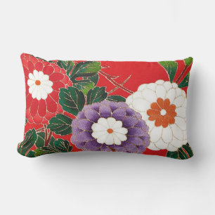 Cojín Lumbar Textil Japonés Antiguo - Dahlias Rojas