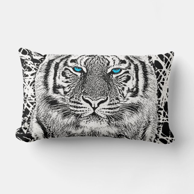 Cojín Lumbar Tigre blanco y negro intrépido de los ojos azules (Anverso)