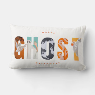 Cojín Lumbar Tipografía Blanca de Fantasma de Halloween Espeluz
