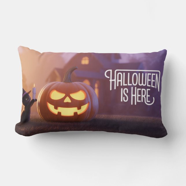 Cojín Lumbar Tocante Halloween Gatos Mágico-Cutos y Calabaza Br (Anverso)